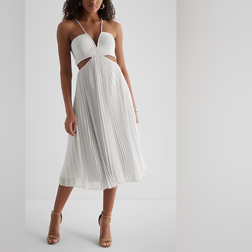 NWT Express V-Neck Pleated Cutout Midi Dress
